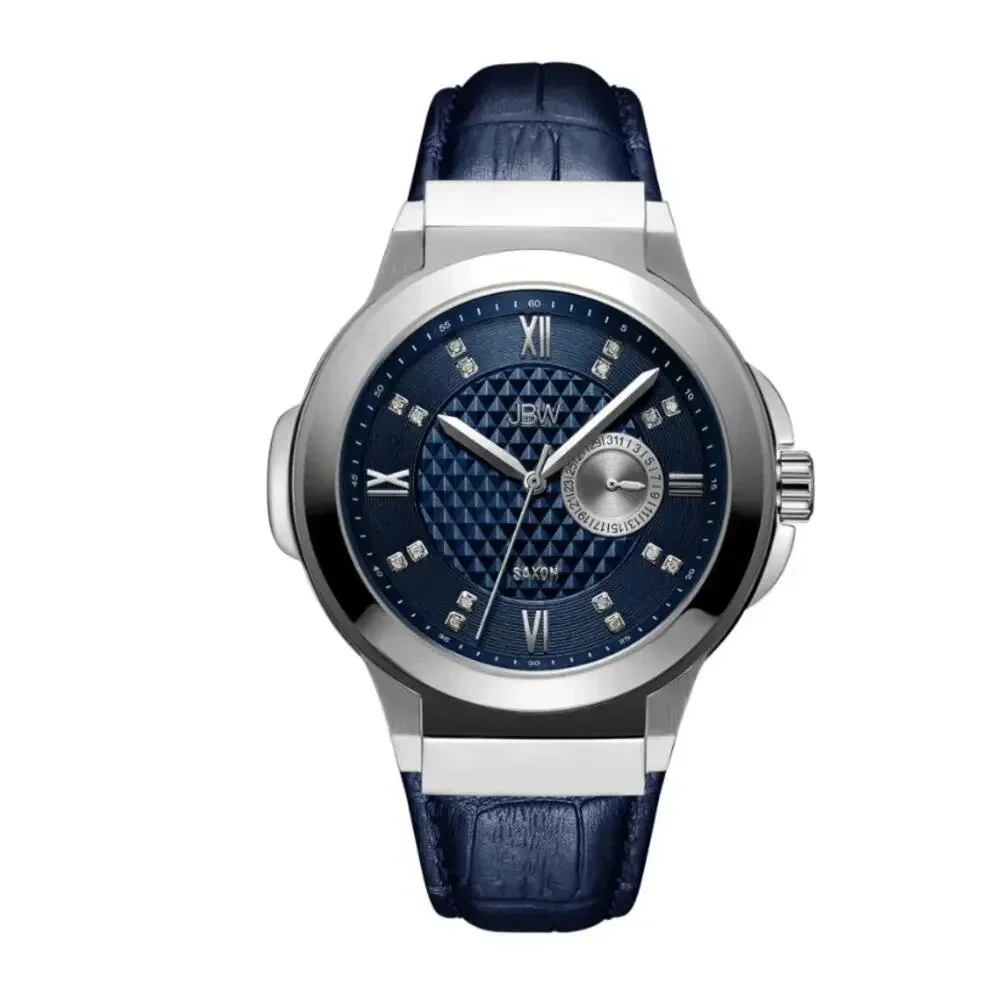 New Saxon 48 Genuine Leather Dial Wrist Watch Stainless Steel Blue Silver-Tone